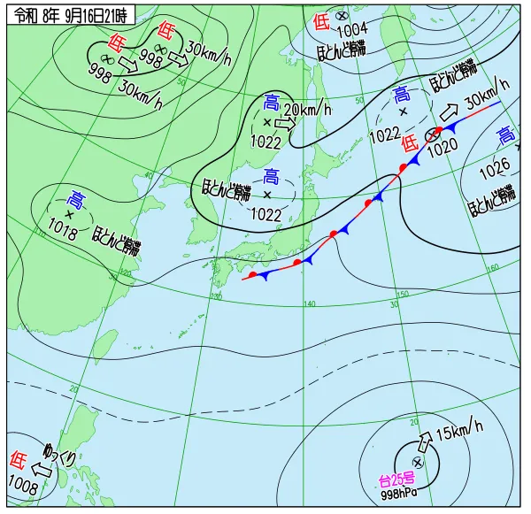 2026年9月16日21時の速報天気図