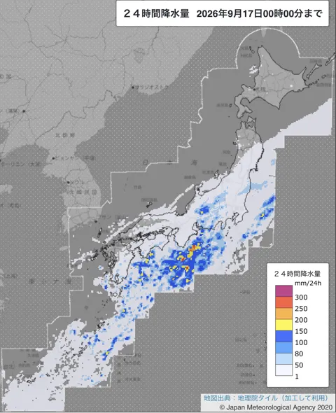 2026年9月16日の日本周辺の日解析雨量の図