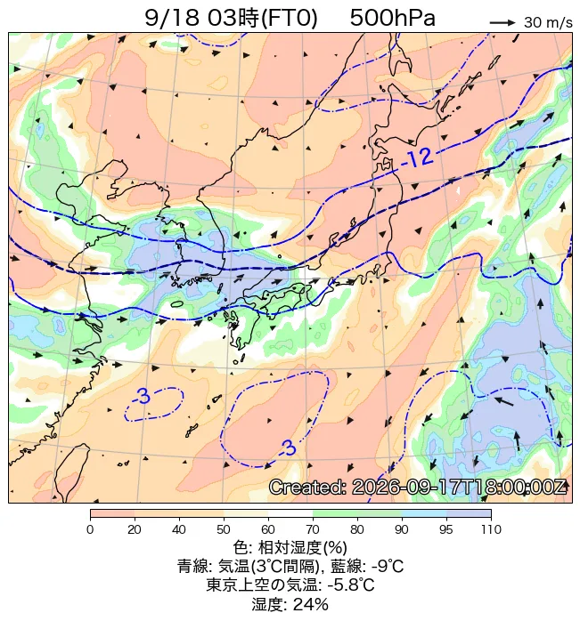 2026年9月18日の日本周辺の500hPa天気図（3時）