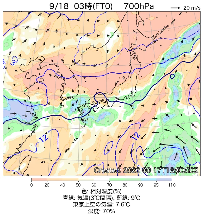 2026年9月18日の日本周辺の700hPa天気図（3時）