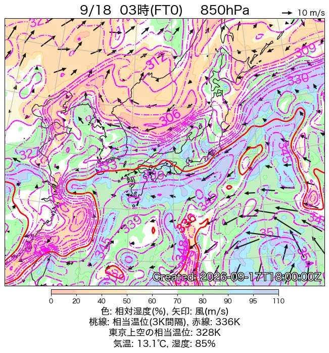 2026年9月18日の日本周辺の850hPa天気図（3時）