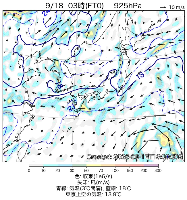 2026年9月18日の日本周辺の925hPa天気図（3時）