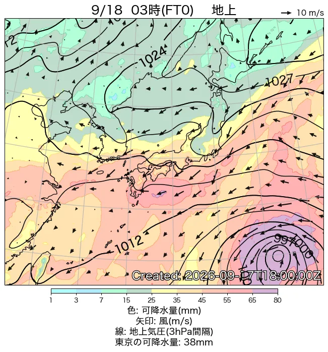 2026年9月18日の日本周辺の地上天気図（3時）