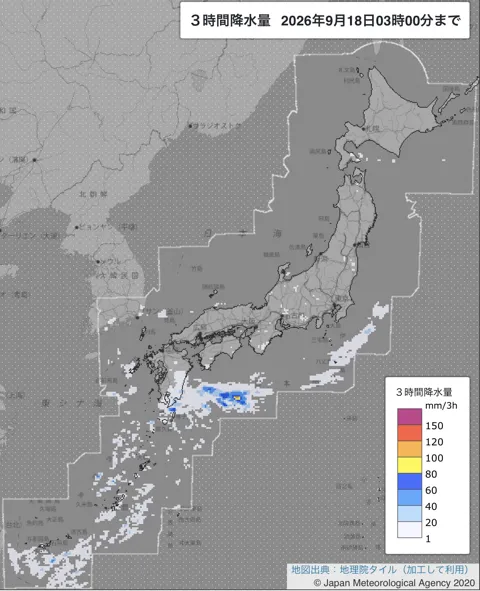 2026年9月18日0〜3時の日本周辺の3時間解析降水量