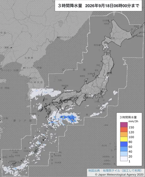 2026年9月18日3〜6時の日本周辺の3時間解析降水量