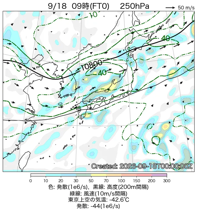2026年9月18日の日本周辺の250hPa天気図（9時）