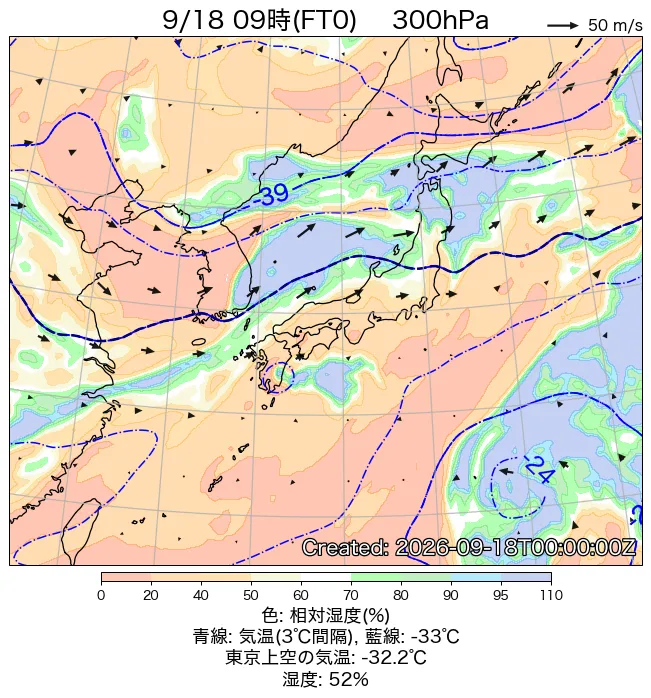 2026年9月18日の日本周辺の300hPa天気図（9時）