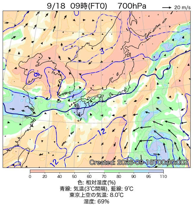 2026年9月18日の日本周辺の700hPa天気図（9時）