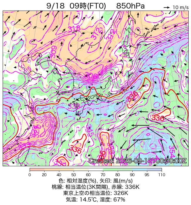 2026年9月18日の日本周辺の850hPa天気図（9時）