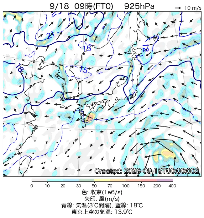 2026年9月18日の日本周辺の925hPa天気図（9時）