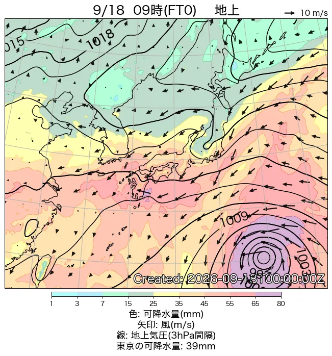 2026年9月18日の日本周辺の地上天気図（9時）