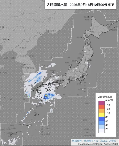 2026年9月18日9〜12時の日本周辺の3時間解析降水量