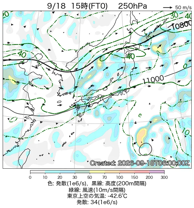 2026年9月18日の日本周辺の250hPa天気図（15時）