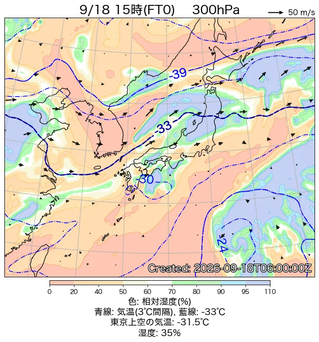 2026年9月18日の日本周辺の300hPa天気図（15時）