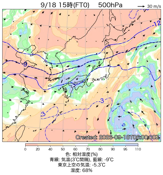 2026年9月18日の日本周辺の500hPa天気図（15時）