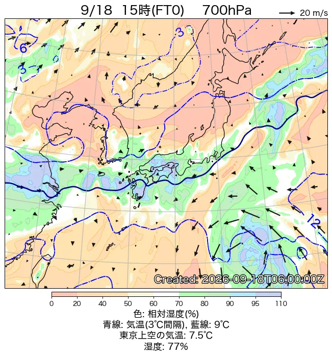 2026年9月18日の日本周辺の700hPa天気図（15時）