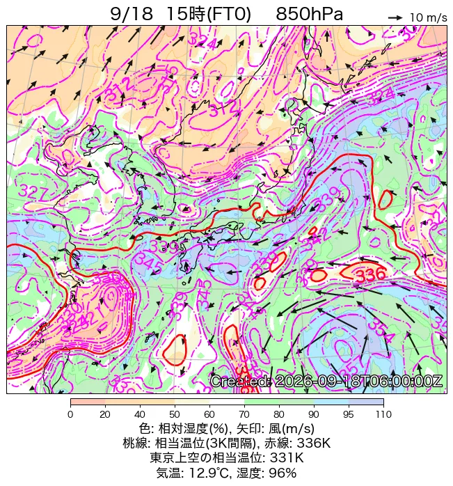 2026年9月18日の日本周辺の850hPa天気図（15時）