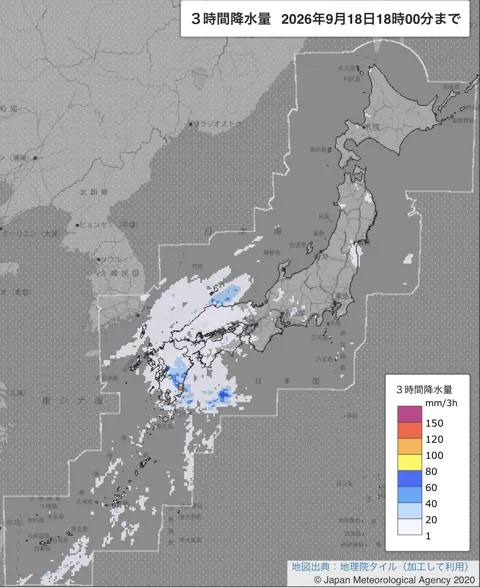 2026年9月18日15〜18時の日本周辺の3時間解析降水量