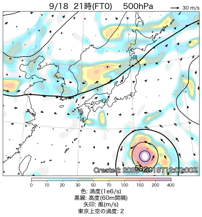 2026年9月18日の日本周辺の500hPa天気図（21時）