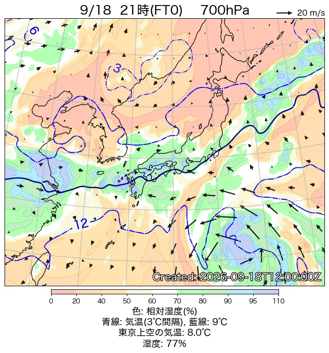 2026年9月18日の日本周辺の700hPa天気図（21時）