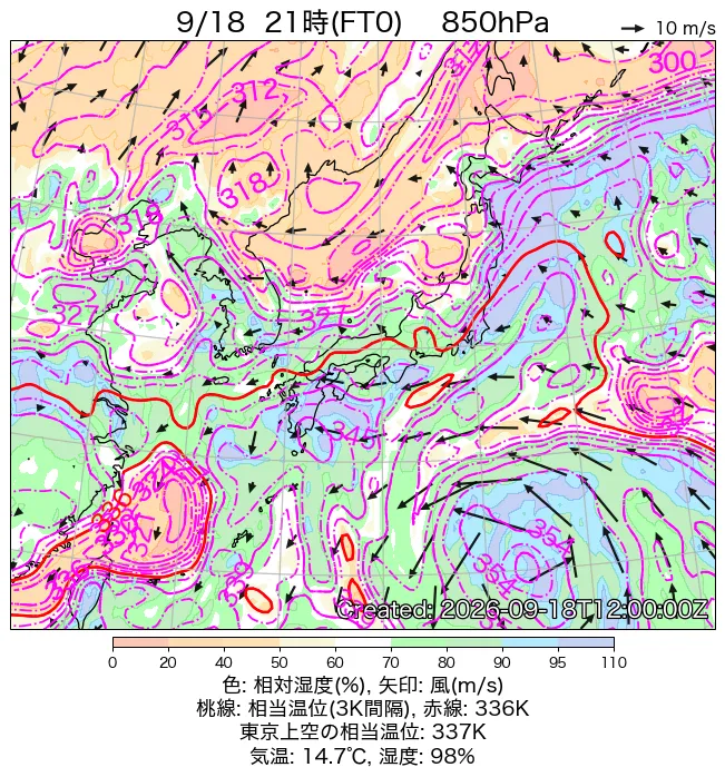 2026年9月18日の日本周辺の850hPa天気図（21時）