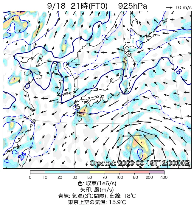2026年9月18日の日本周辺の925hPa天気図（21時）