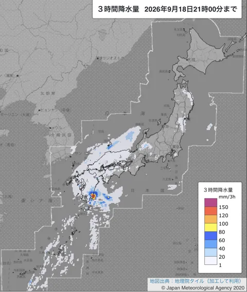 2026年9月18日18〜21時の日本周辺の3時間解析降水量