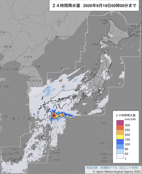 2026年9月18日の日本周辺の日解析雨量の図