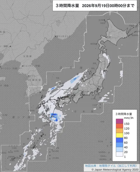 2026年9月18日21〜24時の日本周辺の3時間解析降水量
