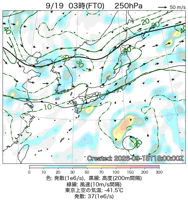 2026年9月19日の日本周辺の250hPa天気図（3時）