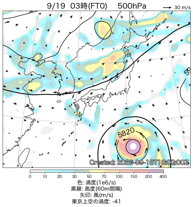 2026年9月19日の日本周辺の500hPa天気図（3時）