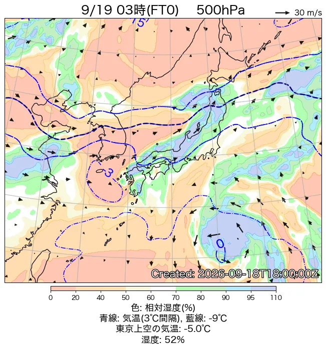 2026年9月19日の日本周辺の500hPa天気図（3時）
