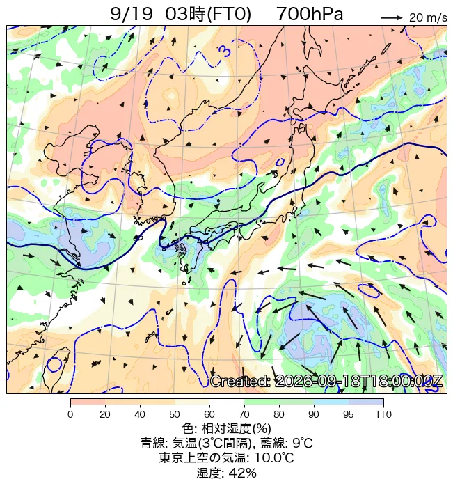 2026年9月19日の日本周辺の700hPa天気図（3時）