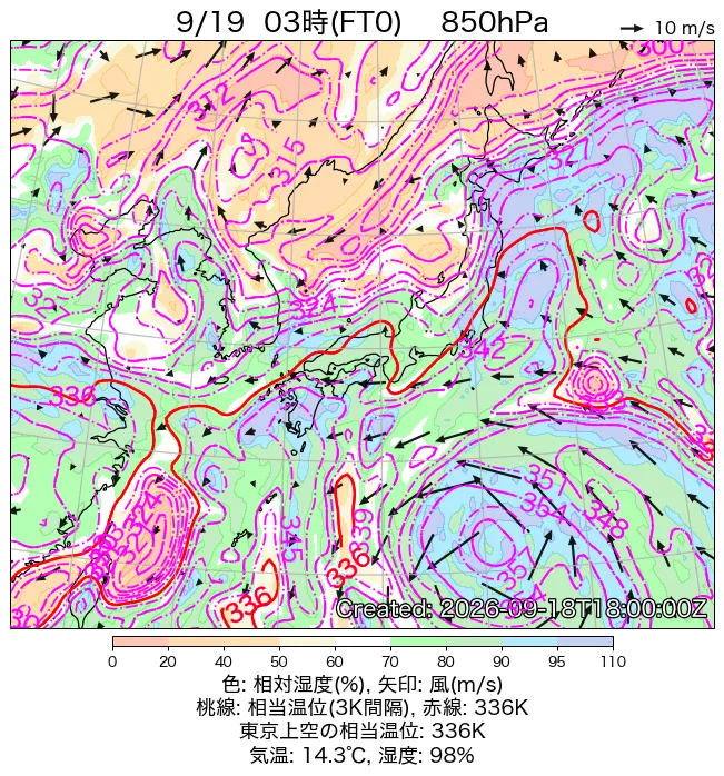 2026年9月19日の日本周辺の850hPa天気図（3時）