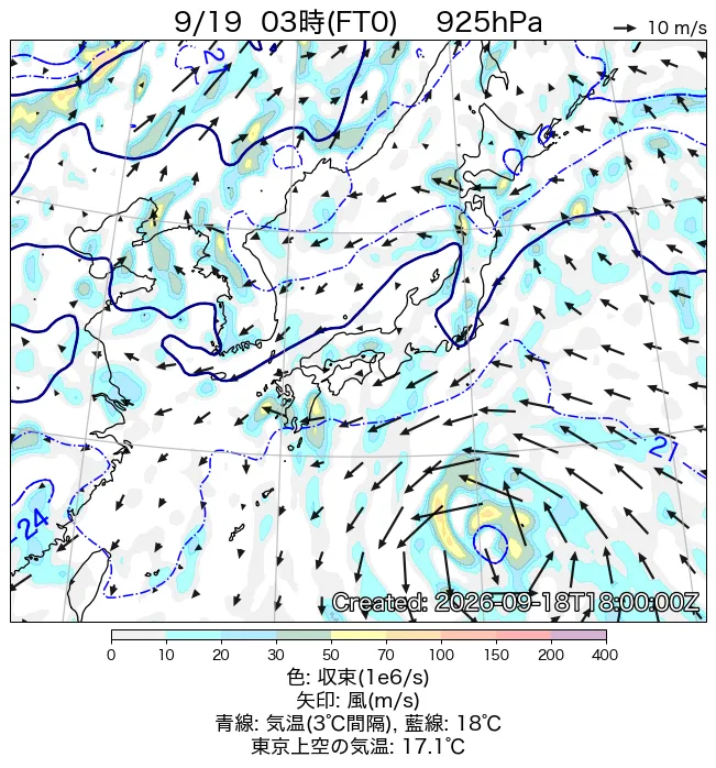 2026年9月19日の日本周辺の925hPa天気図（3時）