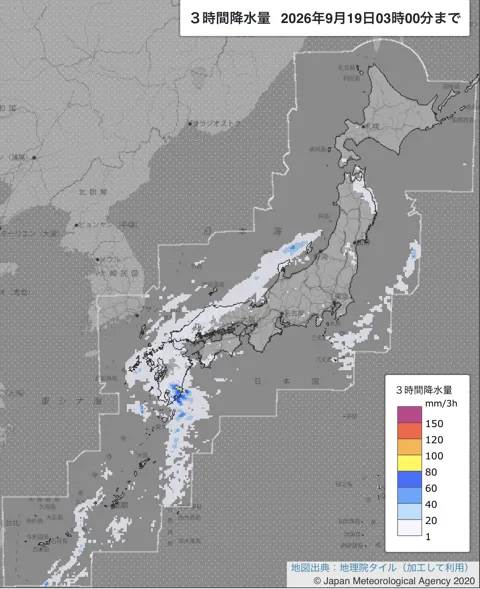 2026年9月19日0〜3時の日本周辺の3時間解析降水量