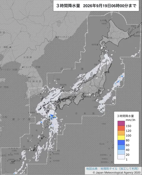 2026年9月19日3〜6時の日本周辺の3時間解析降水量
