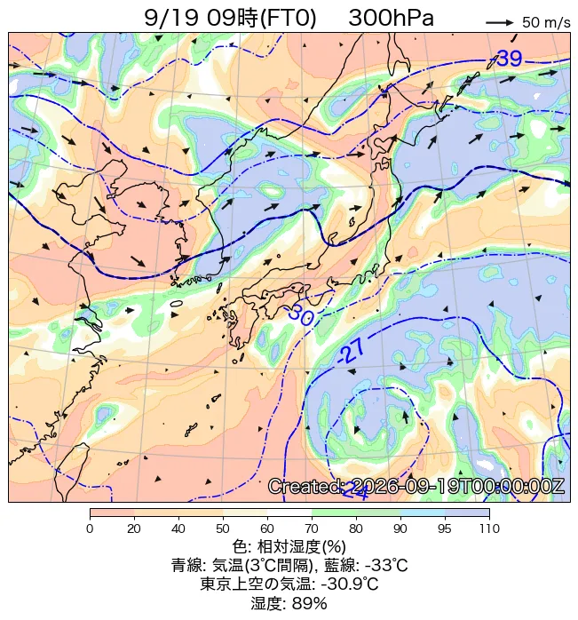 2026年9月19日の日本周辺の300hPa天気図（9時）