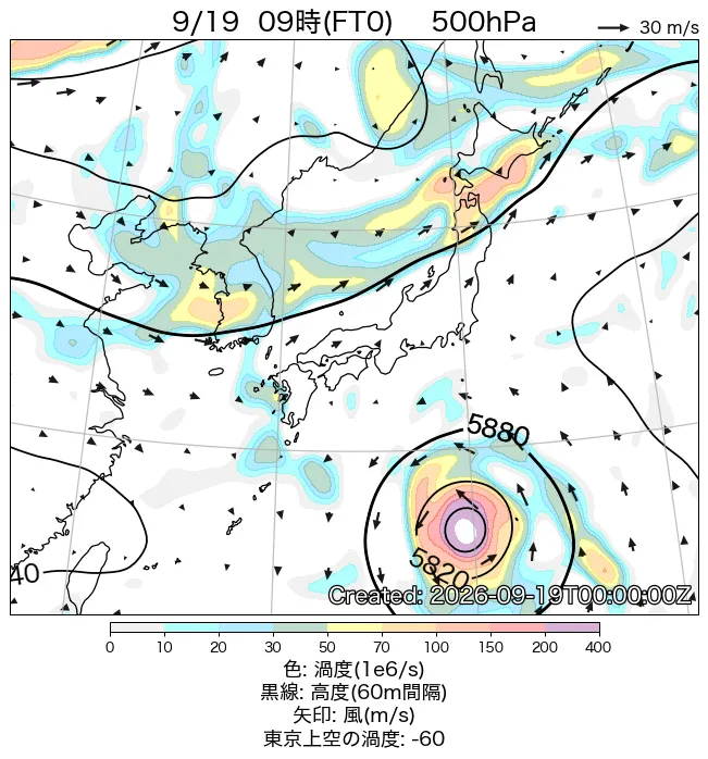 2026年9月19日の日本周辺の500hPa天気図（9時）