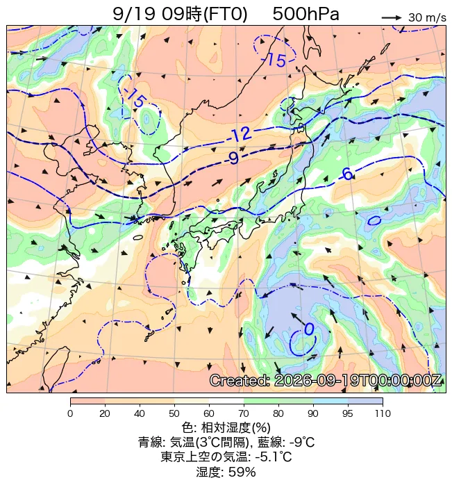 2026年9月19日の日本周辺の500hPa天気図（9時）