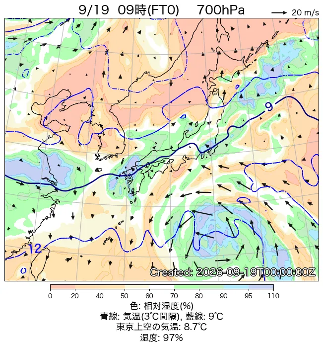 2026年9月19日の日本周辺の700hPa天気図（9時）