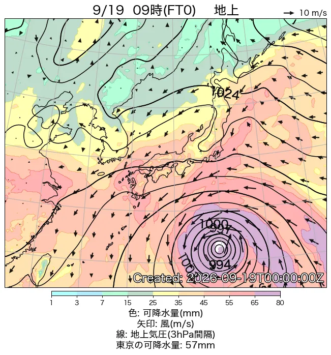 2026年9月19日の日本周辺の地上天気図（9時）