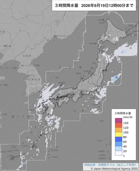 2026年9月19日9〜12時の日本周辺の3時間解析降水量