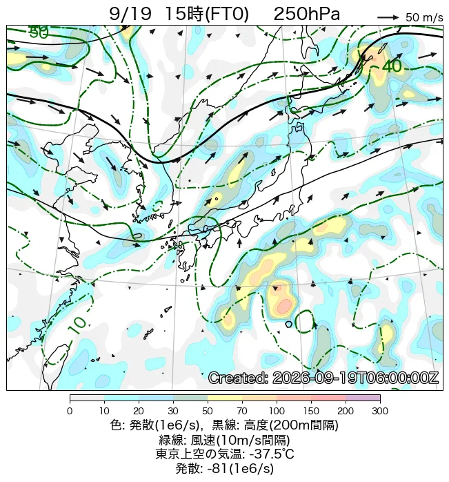 2026年9月19日の日本周辺の250hPa天気図（15時）