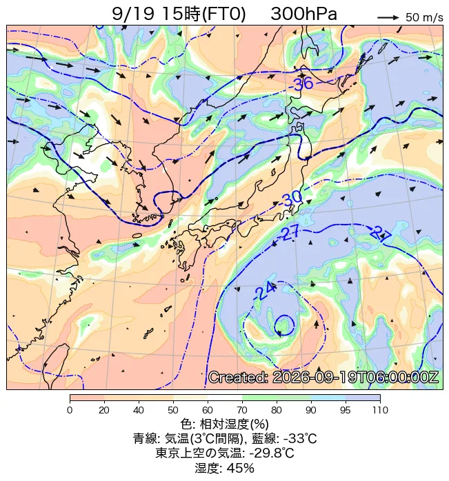 2026年9月19日の日本周辺の300hPa天気図（15時）