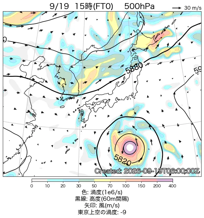 2026年9月19日の日本周辺の500hPa天気図（15時）