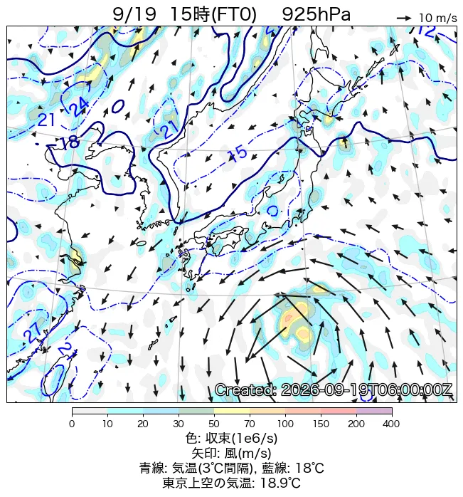 2026年9月19日の日本周辺の925hPa天気図（15時）
