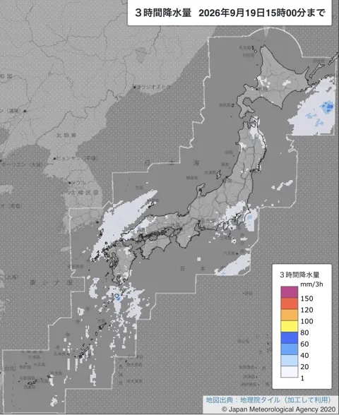 2026年9月19日12〜15時の日本周辺の3時間解析降水量