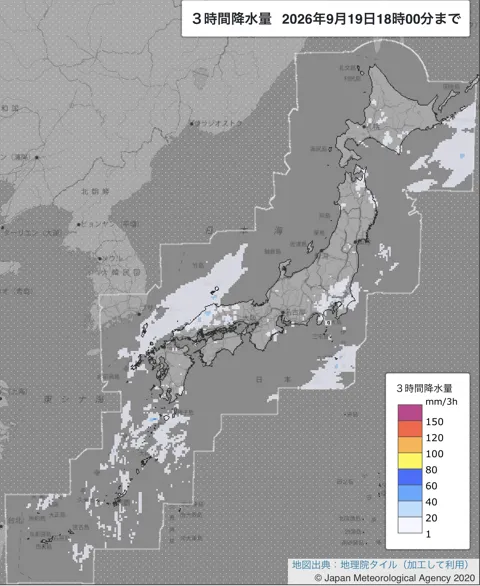 2026年9月19日15〜18時の日本周辺の3時間解析降水量