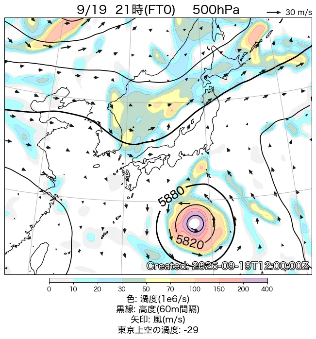 2026年9月19日の日本周辺の500hPa天気図（21時）